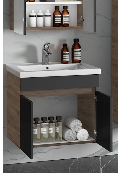55 Cm Atlantik Çam-Antrasit Gri Mat Mdf Lavabolu Banyo Alt Dolabı Antrasit - Atlantik Çam