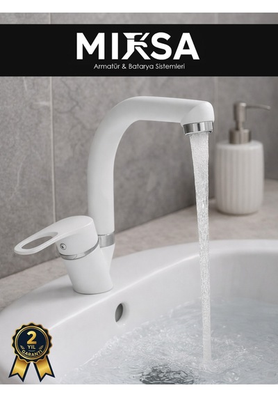 Beyaz-krom Balıksırtı Banyo Lavabo Bataryası, Musluğu, Çift Su Girişli