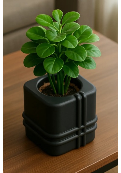 3d Baskı Square Planter - Izgara Desenli Küp Saksı-siyah