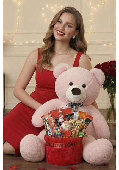 3 Lü Kadınlar Günü Hediye Seti 90 Cm Peluş Ayı, Love Çikolata Sepeti & Mavi Peluş Ayıcık Buketi 83560051