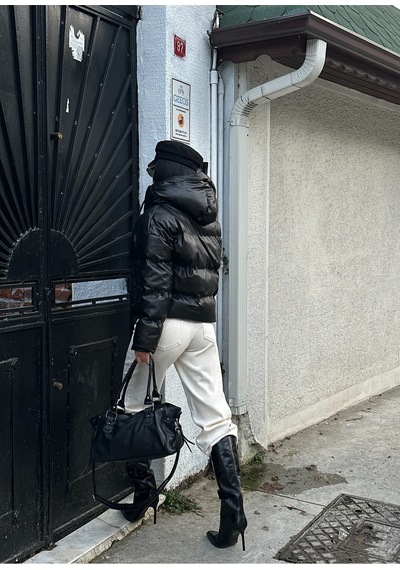 Meecy Kadın Deri Şişme Mont Siyah Siyah