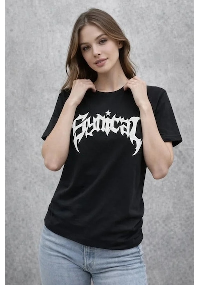 Bisiklet Yaka Ön Baskılı Kısa Kollu Tişört Streetwear Günlük Basic Pamuklu T-shirt - Siyah Siyah