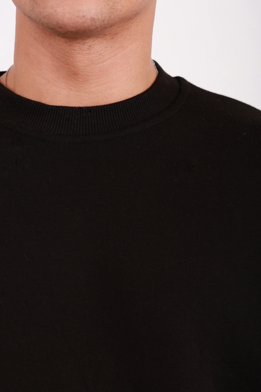 Erkek Standart Fit Bol Kesim %100 Pamuklu Içi Şardonlu 3 Iplik Bisiklet Yaka Sweatshirt Siyah