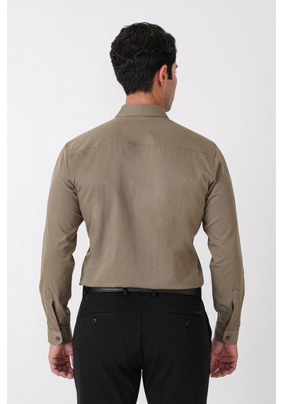 Slim Fit Pamuk Saten Klasik Haki Gömlek Gk 604