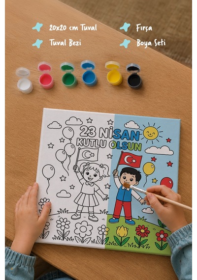 23 Nisan Çocuk Figürlü Boyama Tuvali Şövalesiz Boya Seti 20x20