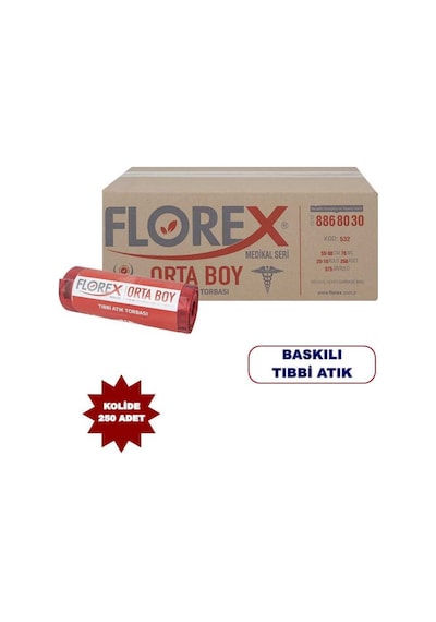 Florex Tıbbi Atık Baskılı Orta Çöp Torbası 55 x 60 CM 10 Rulo