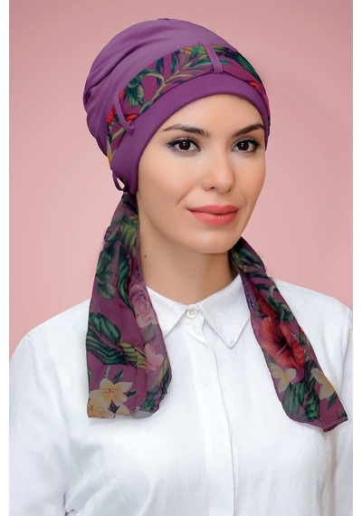 Hürrem Bone Violet Pratik Hazır Geçmeli Tesettür Bone Sandy Kumaş Desenli Şif Çok Renkli