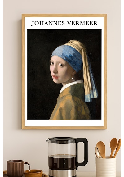 Johannes Vermeer İnci Küpeli Kız Doğal Ahşap Çerçeveli Poster, Dekoratif Sanatsal Duvar Tablosu