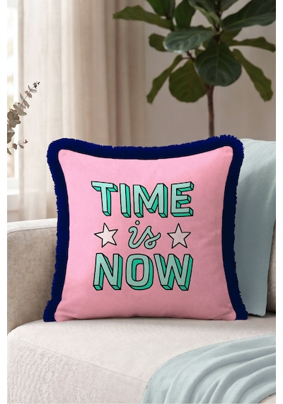 Pop Art Yıldızlı Time İs Now Saçaklı Yastık Kılıfı - Enerjik Pembe Lacivert Püsküllü Kırlent Kılıfı Sakin Vadi Saten