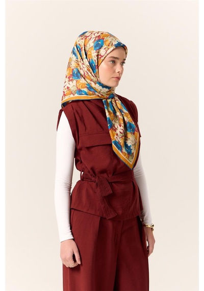 Silk Home Organik Pamuk İpek Eşarp Çilek Kırmızısı Gök Mavi Çiçek Desenli Tok Duruşlu 90x90 Çok Renkli