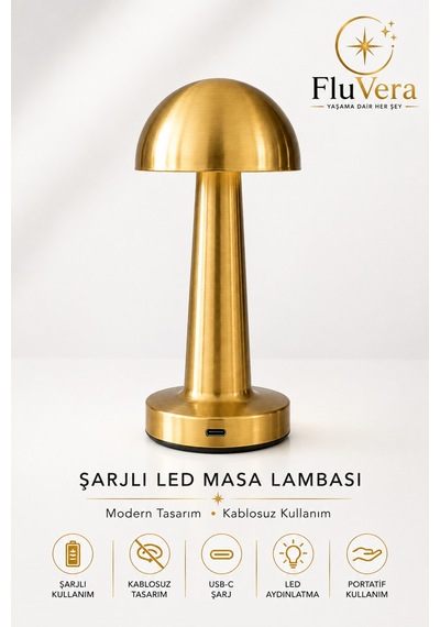Şarjlı Masa Lambası Gold Mantar Kablosuz Led Dokunmatik Gece Lambası Altın