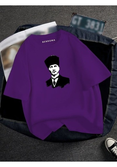Atatürk Baskılı Oversize Unisex Tişört Mor