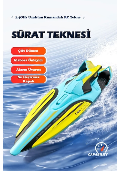 30 Km Hız Yapan Rc Tekne Akıllı Alarm Led Işıklı 2.4ghz Uzaktan Kumandalı Sürat Teknesi Turkuaz