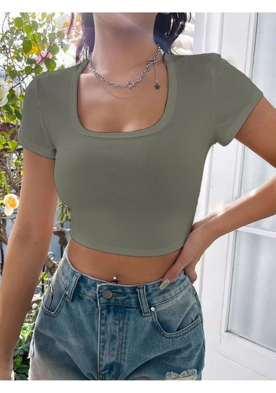 Rooted-kadın Kare & Havuz Yaka Crop T-shirt ,likralı Fitilli Kaşkorse Kumaş Mint