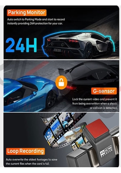 Kingline A3 Model 4k Gps ,wifi Ve Gece Görüşlü 3 Kameralı Araç Kamerası