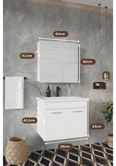 Banyo Defne 65 Cm Demonte Banyo Dolabı Aynalı Dolaplı Üst Dolap Lavabo Beyaz