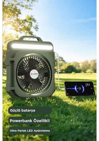 Şarjlı Masaüstü Vantilatör Kamp Tipi 4000 Mah Işıklı Taşınabilir Masa Fanı F53 Yeşil