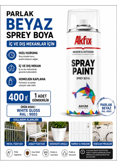 Akfix Sprey Boya Renk Seçiniz 400 Ml İç Ve Dış Cephede Kullanılabilir Mükemmel Kapatıcılık Parlak Beyaz