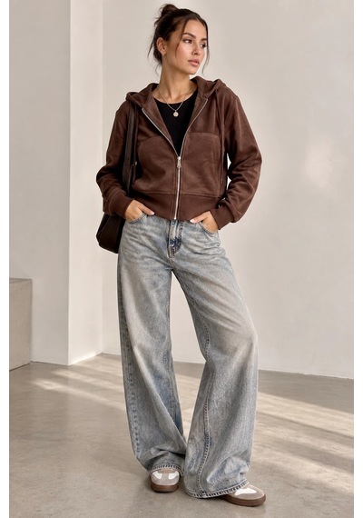 Bb Butik Basic Selanik Dokulu Fermuarlı Kapüşonlu Kadın Sweatshirt My3535 Kahverengi