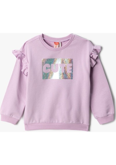 Koton Fırfırlı Baskılı Sweatshirt Uzun Kollu Bisiklet Yaka Şardon