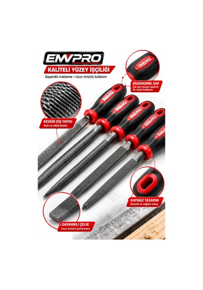 Emwpro 5 Parça Eğe Seti 200 Mm Metal Ahşap Törpüleme Ve Şekillendirme Takımı Düz Yuvarlak Yarım Yuva