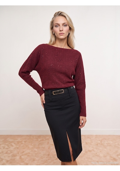 Dilvin 10860 Kayık Yaka Pullu Triko Kazak-bordo