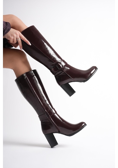 Analin Shoes Kadın Hakiki Deri Toka Detaylı Topuklu Çizme Bordo Rugan