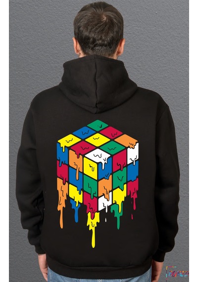Bumeta Rubik Zeka Küpü Renkli Kombinasyon Akışkan Baskılı Sweatshirt Unisex Kapüşonlu Hoodie Siyah
