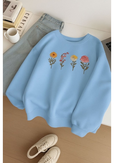Benroma 3 İplik Penye Çiçek Baskılı Unisex Sweatshırt Bebe Mavisi