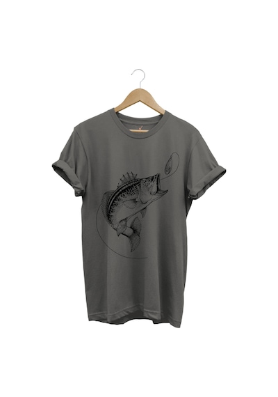 Fishing Balıkçılık Baskılı Yem Balıkçılığı Olta %100 Pamuk Bisiklet Yaka Gri T-shirt Gri