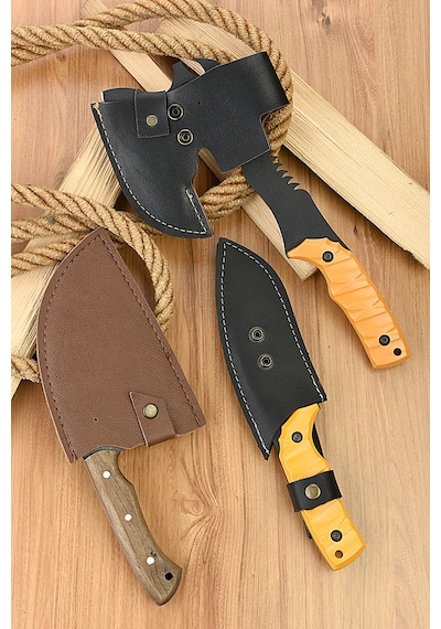 Merttools 3 Lü Outdoor Kamp Balta & Bıçak Seti Tamamı Deri Kılıflı Profesyonel Çok Amaçlı Kesici Set Kamp Seti Beyaz