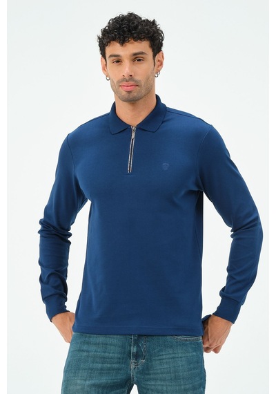 Fermuarlı Uzun Kollu Regular Fit Erkek Polo Yaka T-shirt Marin