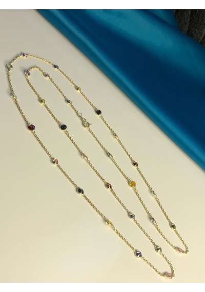 Vog Mix Renkli Zirconia Taşlı Uzun Boy 70 Cm Gold Renk 925 Ayar Gümüş Kolye