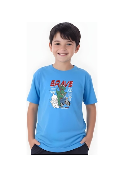 Panios Kids Brave Baskılı Erkek Çocuk Kısa Kollu Tişört Mavi