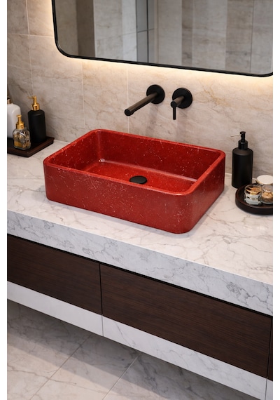 Mermer Desenli Tezgah Üstü Çiftlik Model Taş Lavabo 60 X 40 Cm Bordo