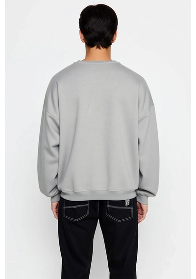 Benerly Erkek Bisiklet Yaka Düşük Kol Nakışlı Oversize Sweatshirt Pamuk Gri