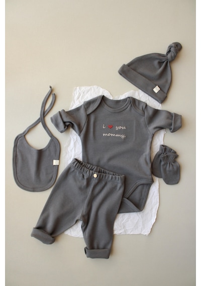 Oh Lala Koala Mom Nakışlı 5li Uzun Kollu Yenidoğan Set Gri