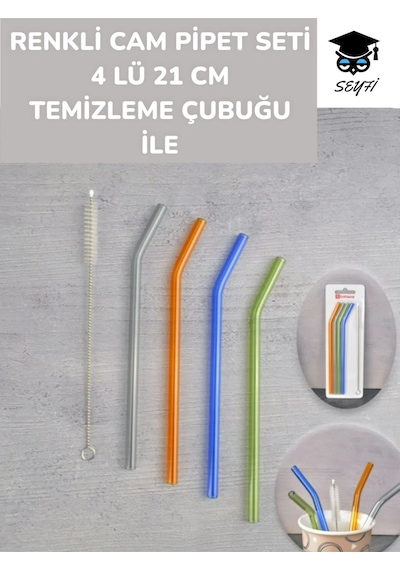 Renkli Cam Pipet Seti 4 Lü 21 Cm Temizleme Çubuğu İle