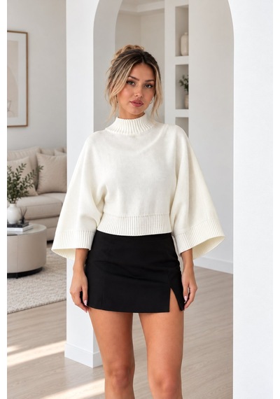 Lima Ekru Kadın Yarım Balıkçı Yaka Yarasa Kol Oversize Crop Triko Kazak