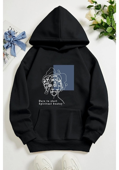 Uyguntarz Unisex Minimal Line Drawing Baskılı Sweatshirt siyah