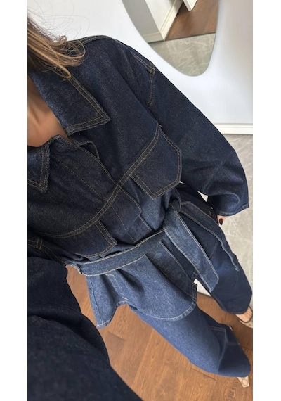 Mayrem Oversize Kalıp Kuşaklı Kot Ceket Pantolon Alt Üst Takım Lacivert