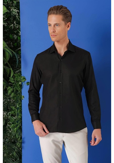 Efor Gk 719 Slim Fit Dokulu Pamuklu Klasik Siyah Gömlek Siyah