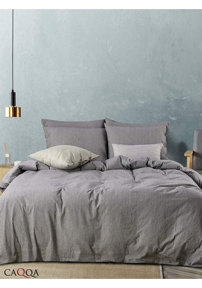 Caqqa Line Striped Naturel Pamuk Çift Kişilik Nevresim Takımı Antrasit