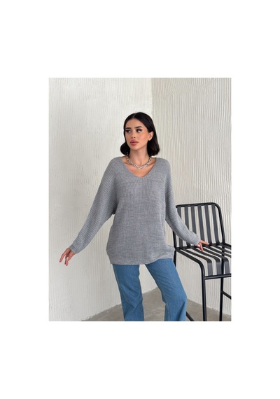 Fiolin Kadınv Yaka Selanik Örgü Oversize Triko Kazak Gri