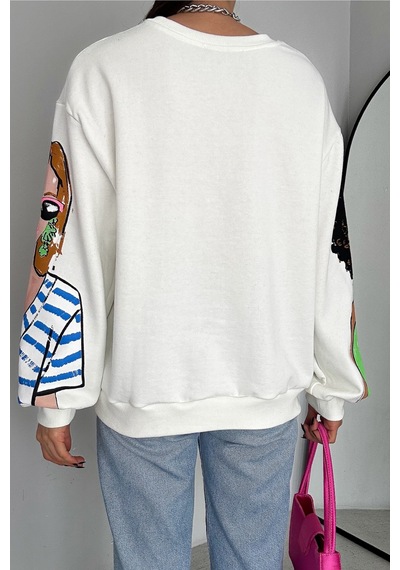 Femelle Kadın Beyaz 3 İplik Şardonlu Baskılı Oversize Pamuk Sweatshirt