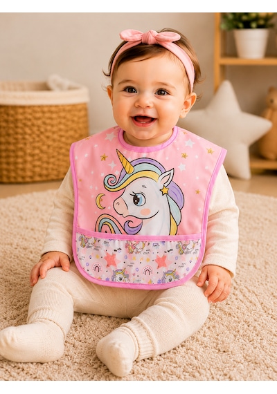 Set Kısa Kollu Bağlamalı Ayarlanabilir Sıvı Geçirmez Aktivite ve Mama Önlüğü Unicorn & Sevimli Ayıcıklı Çok Renkli 2'li