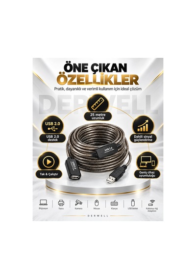 Yeni 2026 25 Metre Usb 2.0 Aktif Uzatma Kablosu Dahili Güçlendirilmiş Sinyal Çipli Kopma Donma Yapmaz Tak Çalıştır Erkek Dişi Yüksek Hızlı Kararlı Veri Aktarım Kablosu Gold Seri Premium