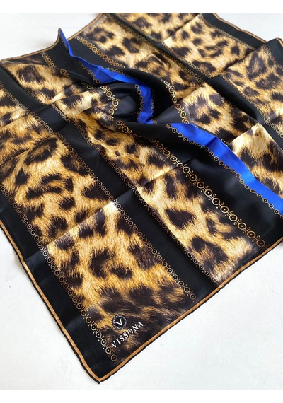 Vissona Twill İpek Eşarp 17565 - 0032 - 0001 Saks Siyah Leopar Desen Siyah