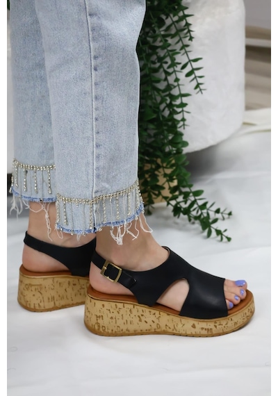 Asmi Shoes Kadın Elena Mantar Taban Ortopedik Sandelet Siyah Siyah