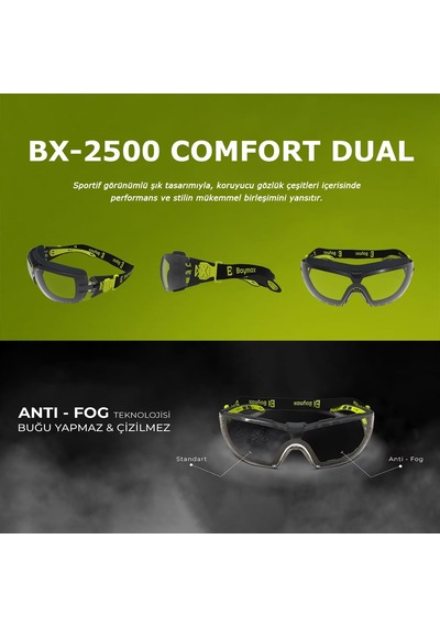4Riders Baymax Bx-2500 Comfort Dual Antifog Şeffaf Buğu Yapmayan Toz Çapak Koruyucu Uv Korumalı Laboratuvar İşçi İş Güvenlik Gözlüğü